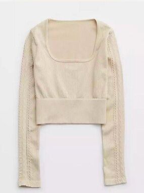 Offline by Aerie Seamless Cable Square Neck T-shirt Crop Top in Oat size Small
